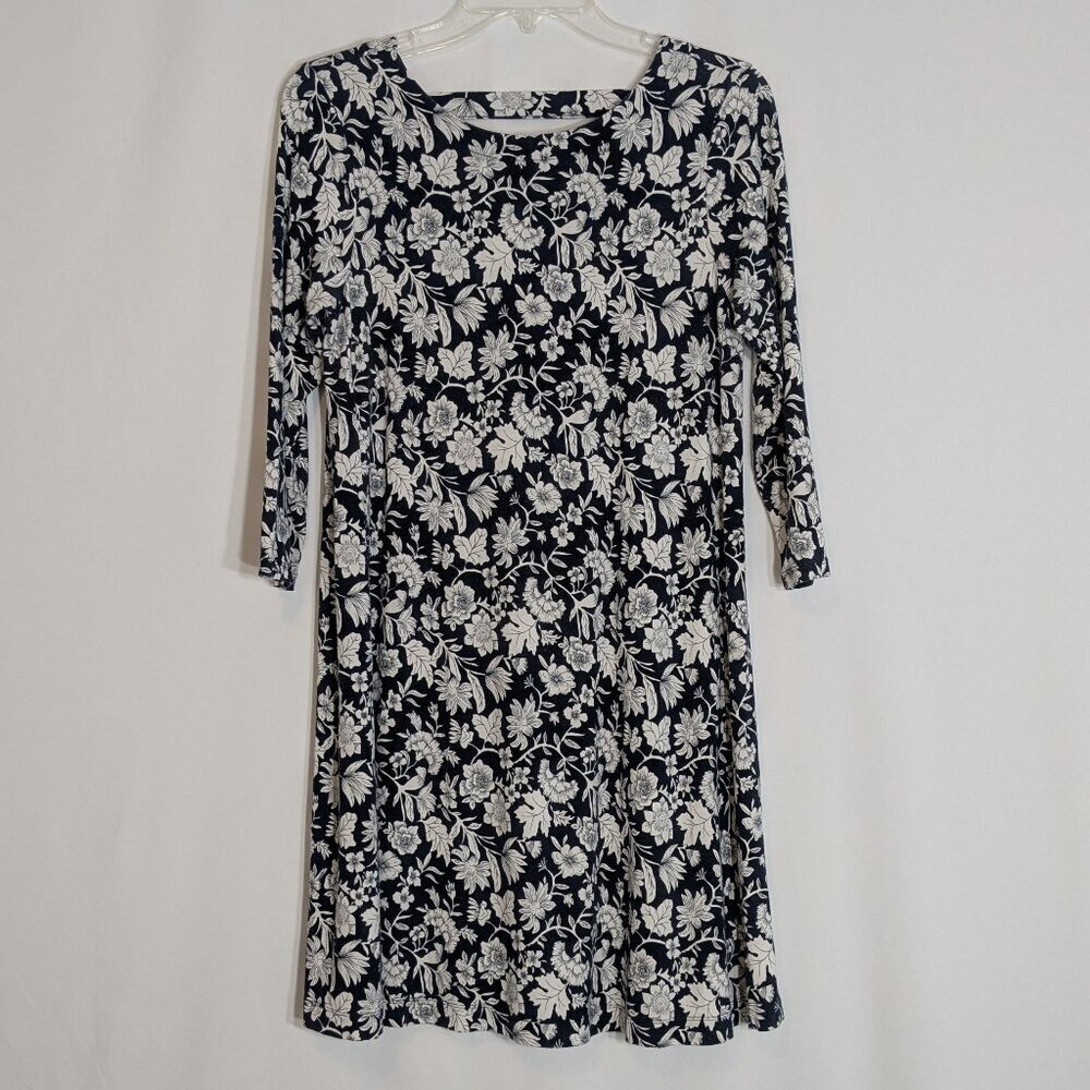 LOFT OUTLET Navy Blue/White Floral Stretchy Knit Fit & Flare Short Dress; Size S